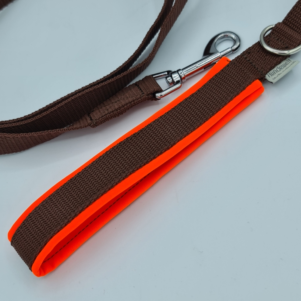 Leine mit weicher Handschlaufe braun und neonorange